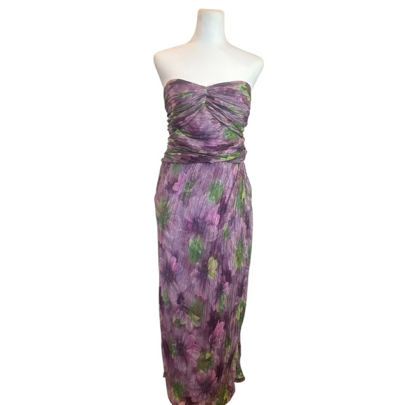 Badgley Mischka Jewel Strapless Floral Dress in Purple and Green Size 16 - Picture 1 of 8